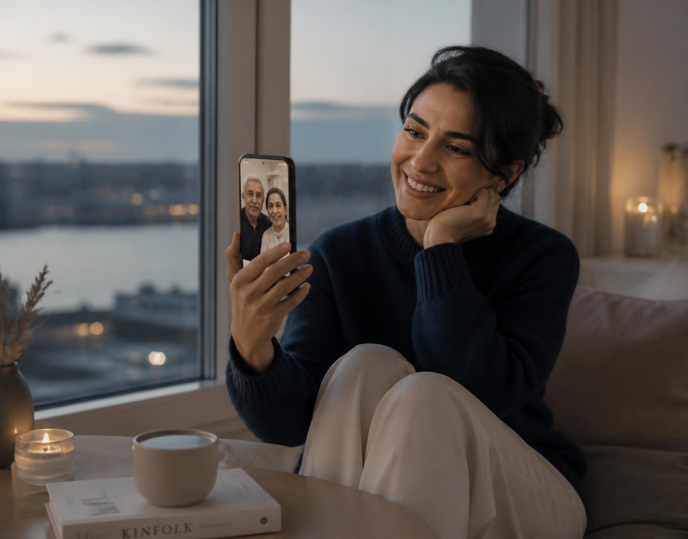Woman abroad on a video call with her parents in Iran