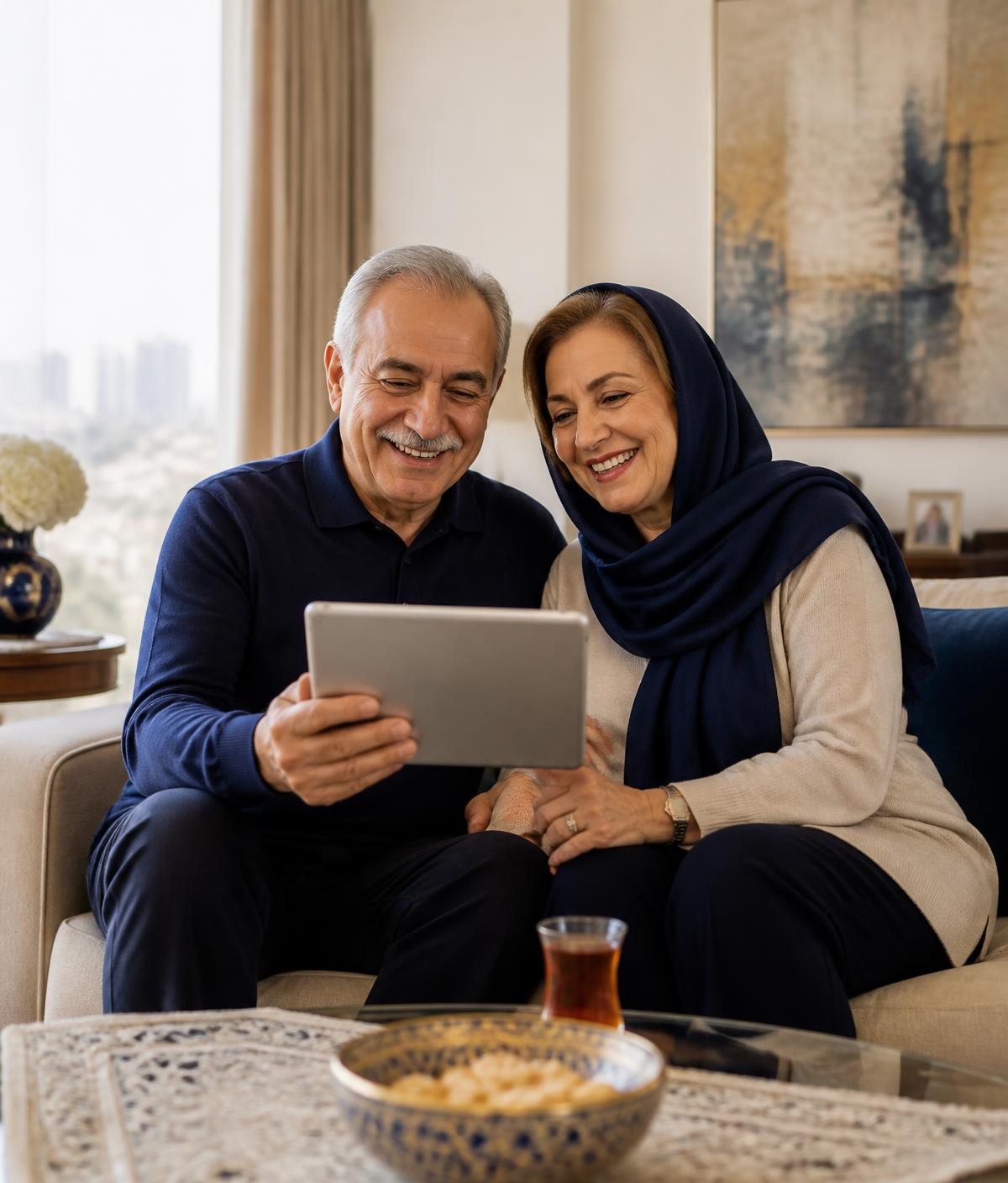 Parents in Iran smiling during a video call with family abroad